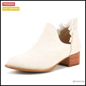 Ruffled Ankle Booties Pointed Toe V Cut Out Chunky Low Heel Western Style